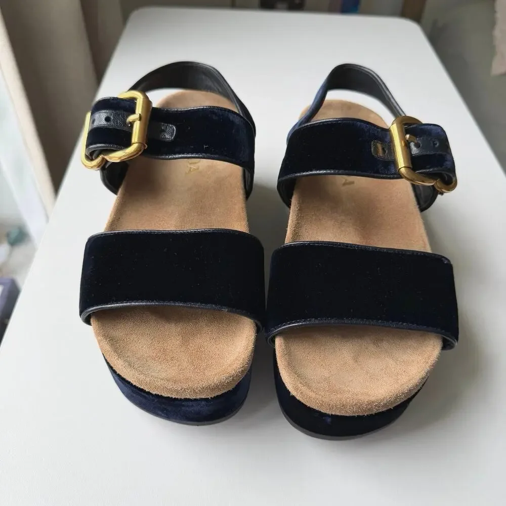Prada (38) Navy Velvet Platform Sandals Double Strap Gold Buckle Comfortable